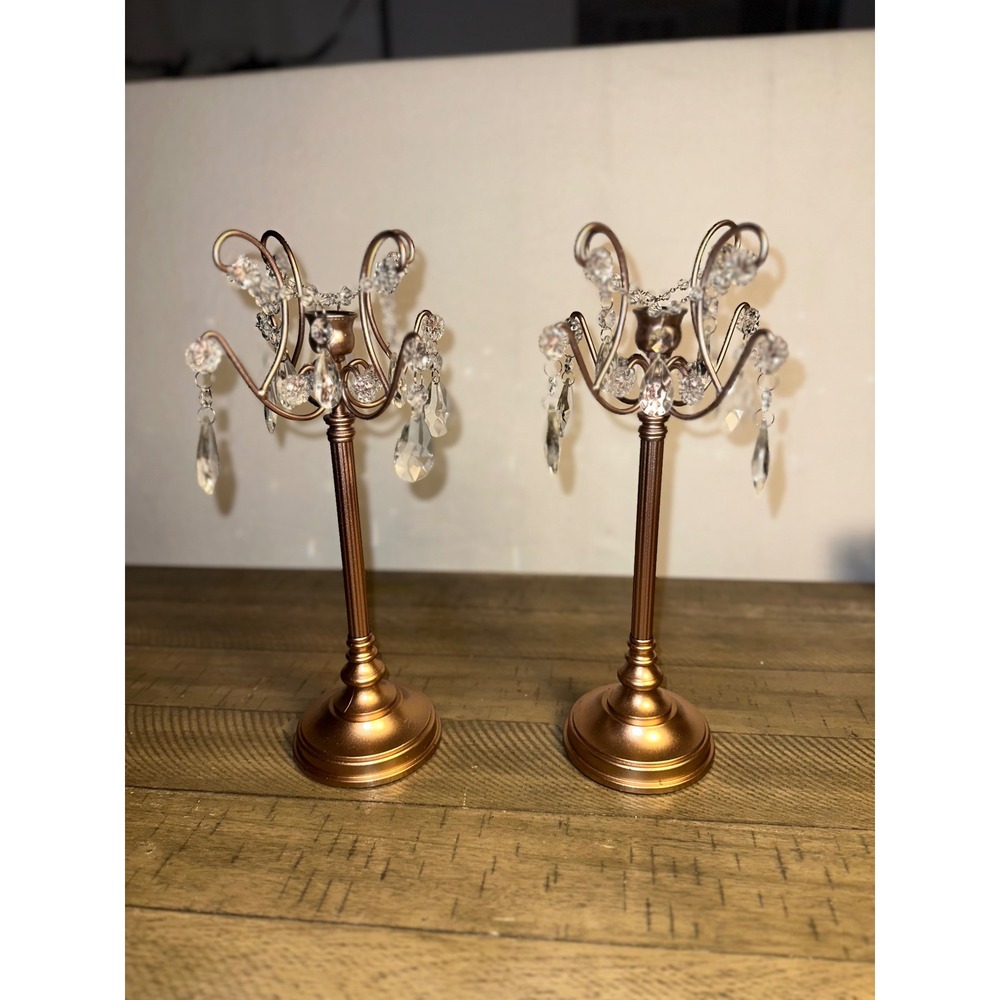 Copper Metal Chandelier Candelabra Taper Candle Holder Pair with Crystals 13.5in